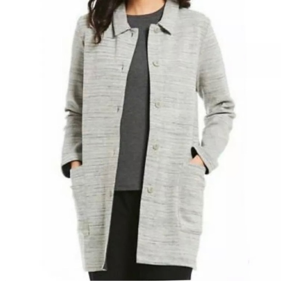 EILEEN FISHER Chevron Knit Long Sleeve Jacket Gray with Pockets size Large - Picture 1 of 6